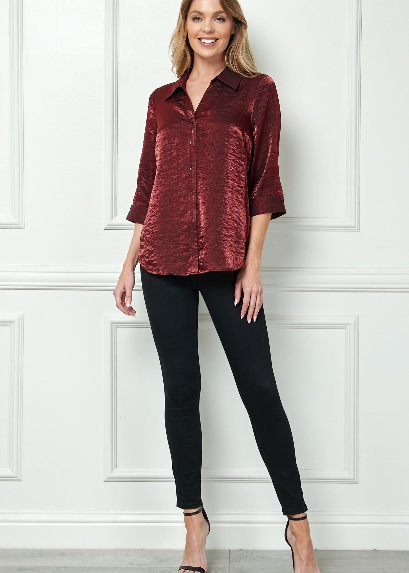 3/4 Sleeve Notch Button Front Shirt, Red Red/Black / L 3/4 Sleeve Notch Button Front Shirt, Red Red/Black / L