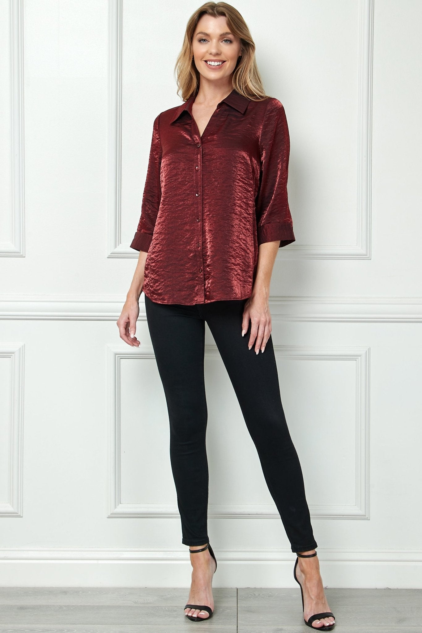 3/4 Sleeve Notch Button Front Shirt, Red - DressbarnButton Front Shirts