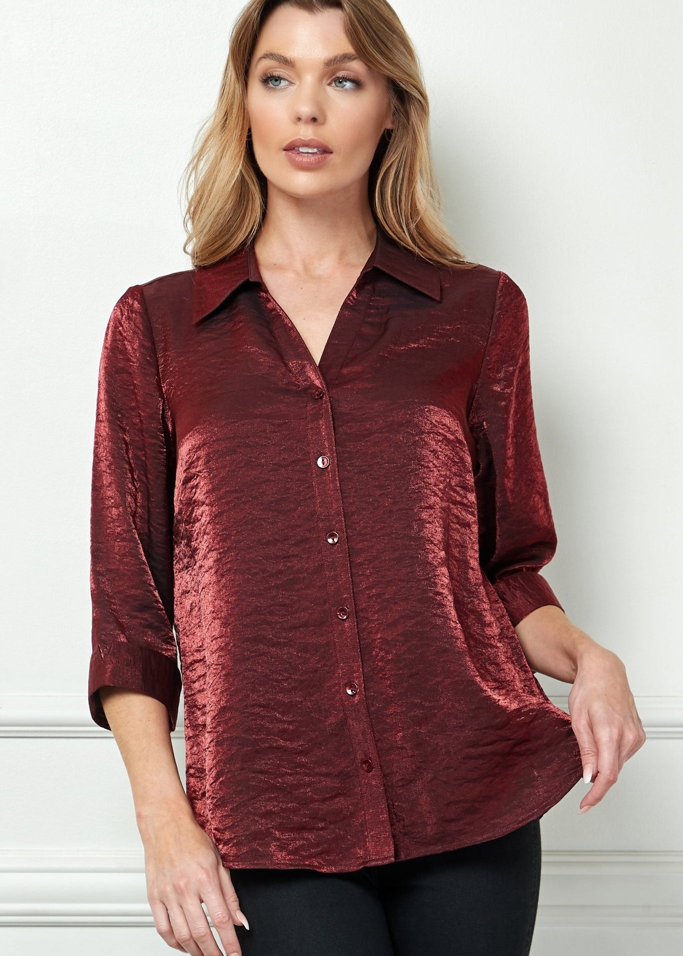 3/4 Sleeve Notch Button Front Shirt, Red Red/Black / L 3/4 Sleeve Notch Button Front Shirt, Red Red/Black / L