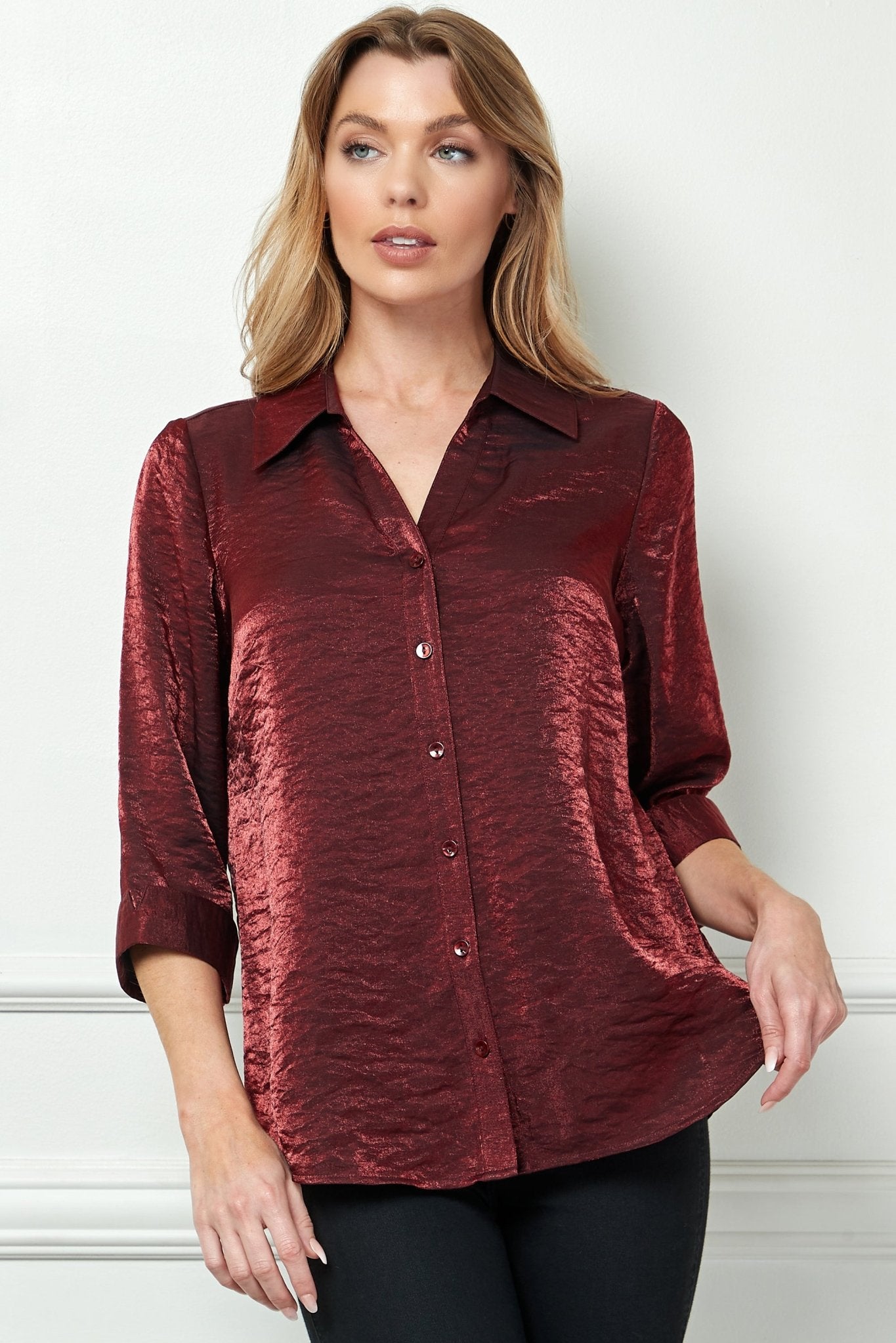 3/4 Sleeve Notch Button Front Shirt, Red - DressbarnButton Front Shirts