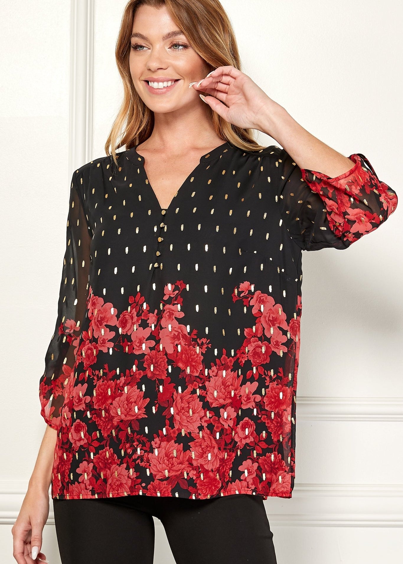 3/4 Sleeve Tab Mandarin Collar Popover - DressbarnBlouses