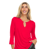 3/4 Sleeve Tunic With Metal Heart Design Detail At Keyhole Neckline - DressbarnShirts & Blouses