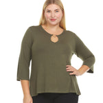 3/4 Sleeve Tunic With Metal Heart Design Detail At Keyhole Neckline - Plus - DressbarnShirts & Blouses