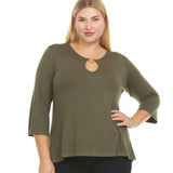 3/4 Sleeve Tunic With Metal Heart Design Detail At Keyhole Neckline - Plus - DressbarnShirts & Blouses