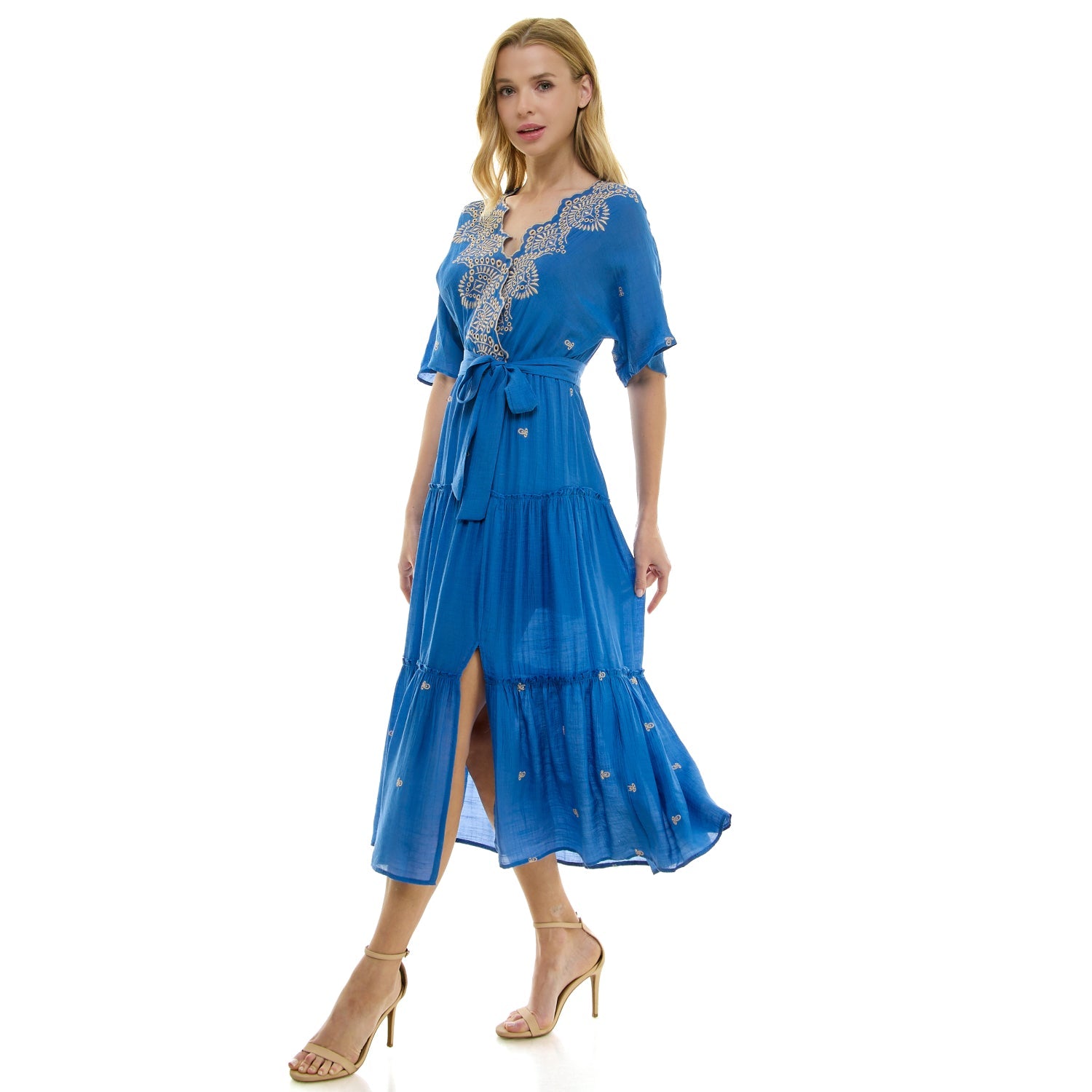 3/4 Sleeve Wrap Style Dress With Scallop Embroidered Neck Royal/Ivory / S 3/4 Sleeve Wrap Style Dress With Scallop Embroidered Neck Royal/Ivory / S