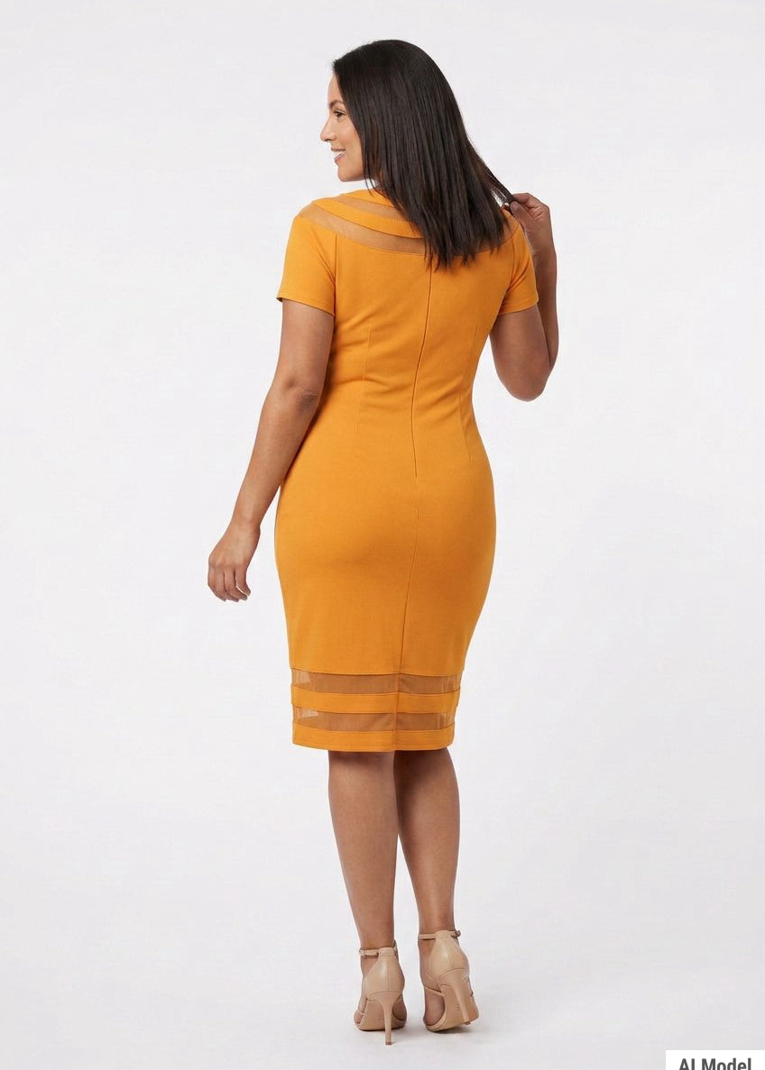Mustard yellow short-sleeve sheath dress with mesh insets at shoulder and hem, shown from the back on a dark-haired woman in