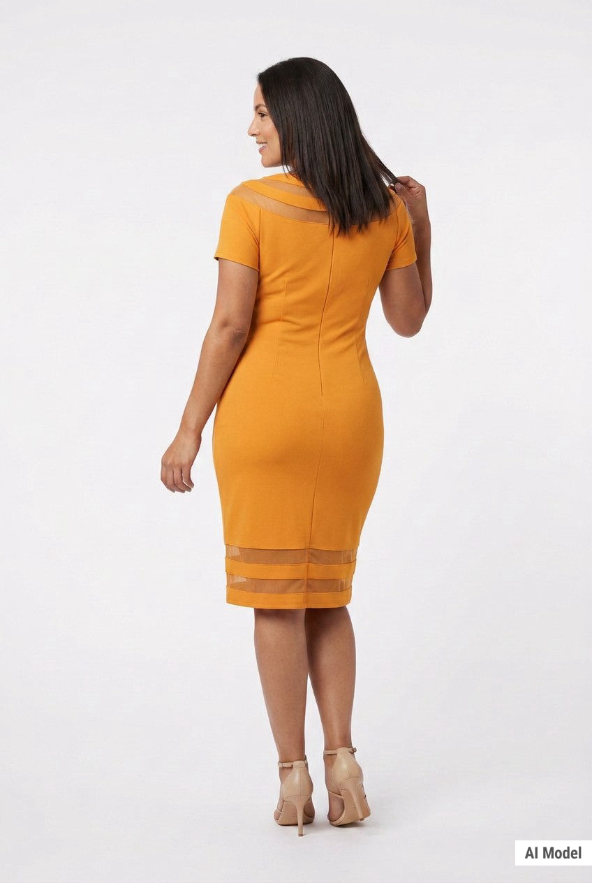 Mustard yellow short-sleeve sheath dress with mesh insets at shoulder and hem, shown from the back on a dark-haired woman in