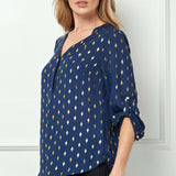 3/4 Button Tab Sleeve Button Placket Front V-Neck Popover Blouse with Diamond Foil Overlay