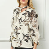 3/4 Ruffle Sleeve V-Neck Mix Media Blouse with Scarf