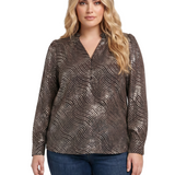 NY Collection Plus Size Long Sleeve V Neck Blouse With Metallic Print