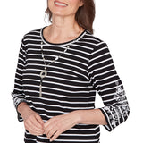 Alfred Dunner Pinstripe Embroidered Sleeve Top with Necklace- Petite