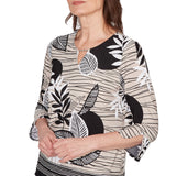 Alfred Dunner Tropical Leaf Border Print Split Neck Top- Petite