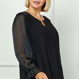 Long Ruffle Sleeve Cutout Removable Trim Fromt Boat Neck Mix Media Blouse - Plus