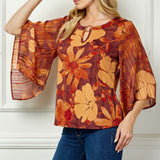 3/4 Kimono Sleeve Cutout Trim Front Neck Mix Media Blouse