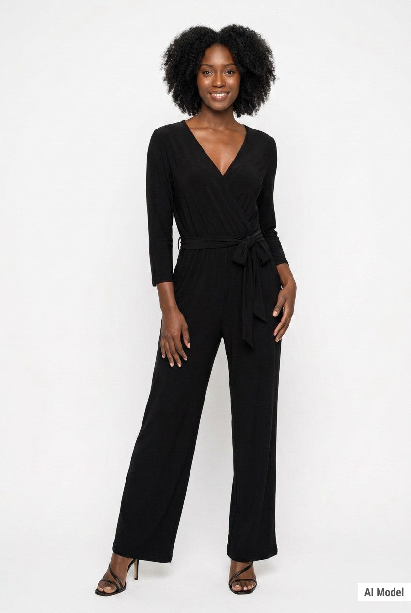 Black wide-leg jumpsuit with V-neck wrap bodice, 3/4 sleeves, and self-tie waist belt; female model, front view, full length.
