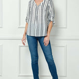 3/4 Button Tab Sleeve Button Placket Front V-Neck Popover Blouse