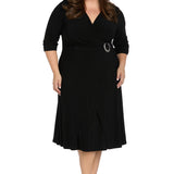 Midi Jersey Faux Wrap with 3/4 Sleeves-Black -Plus