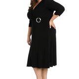 Midi Jersey Faux Wrap with 3/4 Sleeves-Black -Plus
