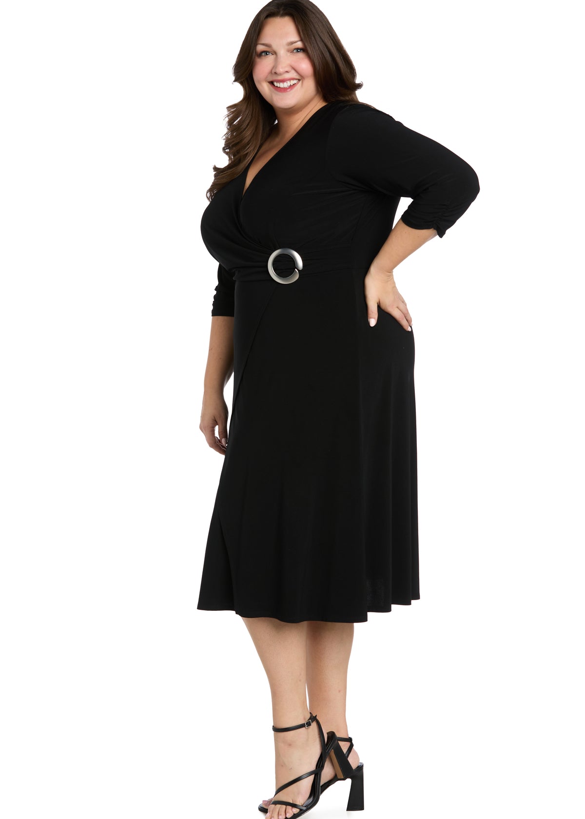Midi Jersey Faux Wrap with 3/4 Sleeves-Black -Plus Dressbarn Midi Jersey Faux Wrap with 3/4 Sleeves-Black -Plus Dressbarn
