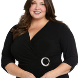 Midi Jersey Faux Wrap with 3/4 Sleeves-Black -Plus
