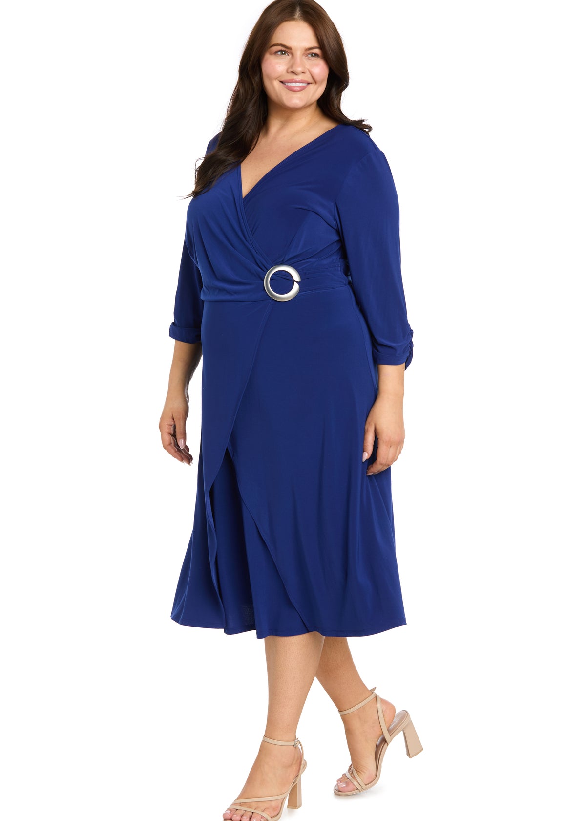 Midi Jersey Faux Wrap with 3/4 Sleeves - Indigo - Plus Dressbarn Midi Jersey Faux Wrap with 3/4 Sleeves - Indigo - Plus Dressbarn