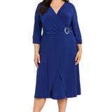 Midi Jersey Faux Wrap with 3/4 Sleeves - Indigo - Plus