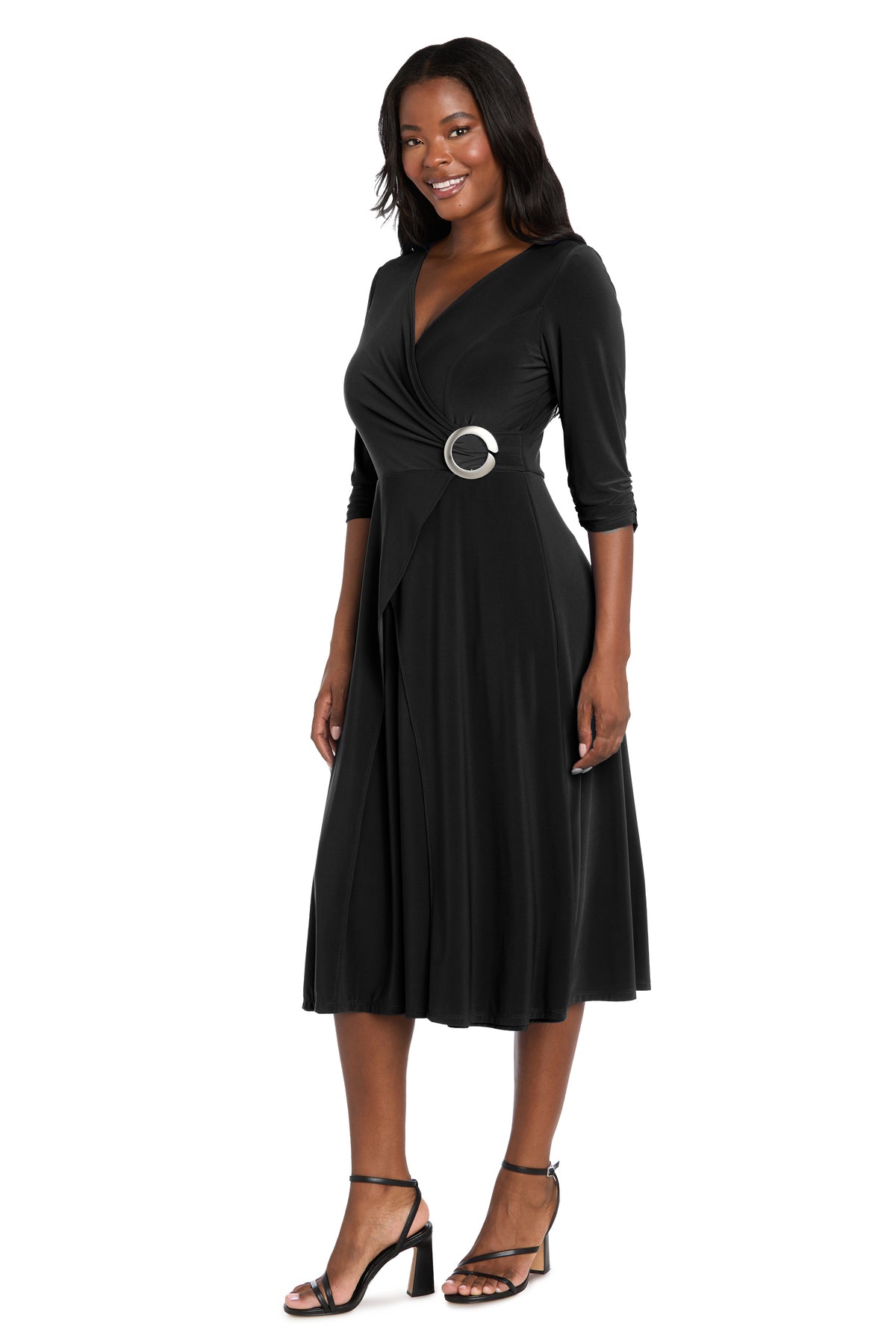 R & M Richards Petite 3/4-Sleeve Hardware Midi Dress - Black