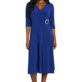 Midi Jersey Faux Wrap with 3/4 Sleeves - Indigo
