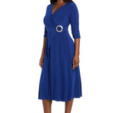 Midi Jersey Faux Wrap with 3/4 Sleeves - Indigo