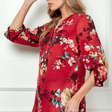 3/4 Button Tab Sleeve Mandarin Collar Button Front Placket Hi-Low Popover Blouse