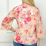 Coral & Beige Floral 3/4 Bell Sleeve Keyhole Trim Blouse - Plus