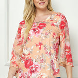 Coral & Beige Floral 3/4 Bell Sleeve Keyhole Trim Blouse - Plus