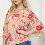 Coral & Beige Floral 3/4 Bell Sleeve Keyhole Trim Blouse - Plus