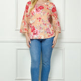 Coral & Beige Floral 3/4 Bell Sleeve Keyhole Trim Blouse - Plus