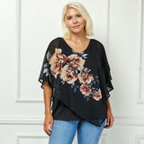 Cold Shoulder Tie Sleeve Poncho with V-neck Tank Blouse - Black - Plus