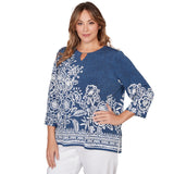 Alfred Dunner Floral Border Embroidered Split Neck Top - Plus