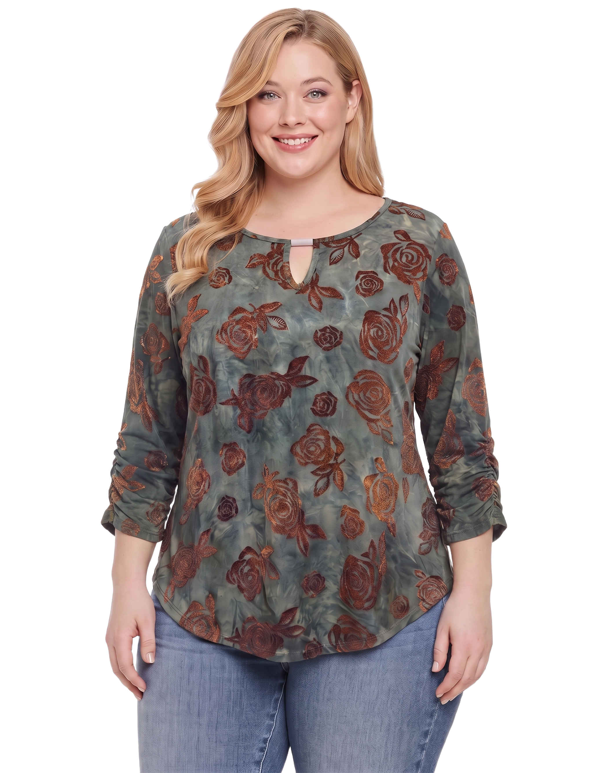 NY Collection Plus Size 3/4 Sleeve Flocked Knit Pullover Top