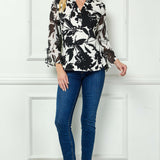3/4 Ruffle Tie Sleeve Button Front Placket Mandarin Collar Mix Media Popover Blouse