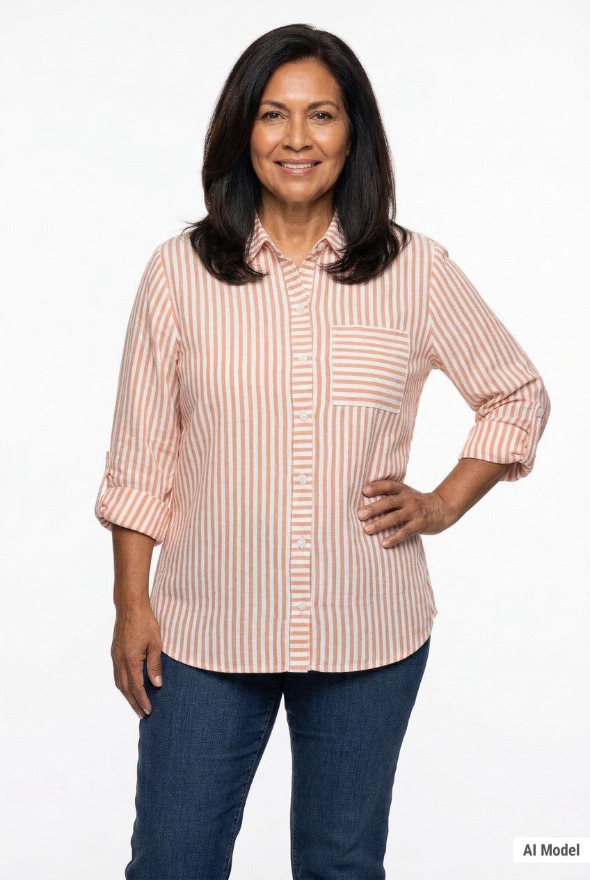 Woman wearing a coral and white vertical-stripe button-front blouse with rolled 3/4 sleeves and chest pocket, front view,