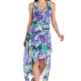 Printed Surplice Dress with Hi-Low Hem, Blue/Multi