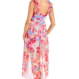 Printed Surplice Dress with Hi-Low Hem, Coral/Multi