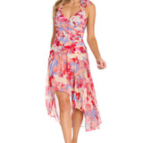 Printed Surplice Dress with Hi-Low Hem, Coral/Multi