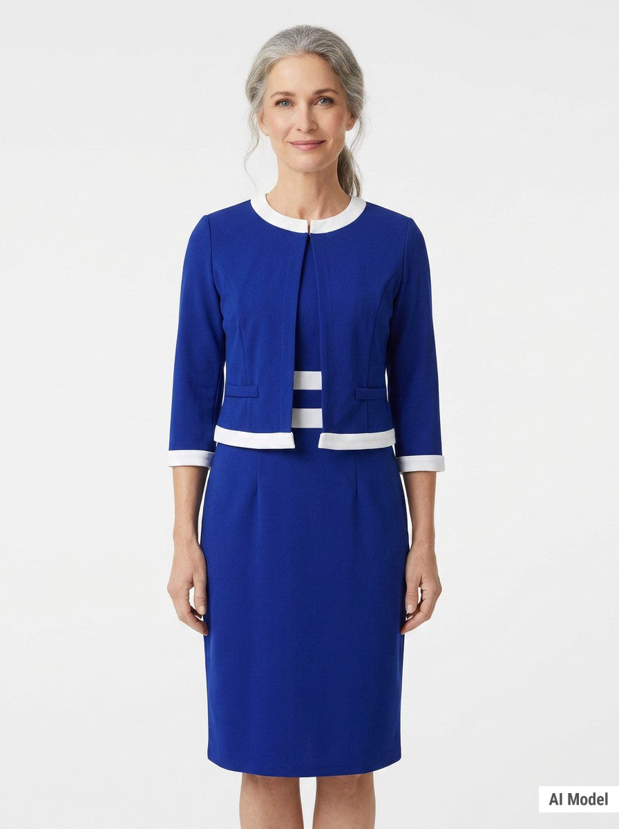 Older woman with gray hair models a sapphire blue 2-piece dress set with white trim at neckline, hem, and cuffs; front view,