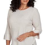 Alfred Dunner Spliced Texture Metallic Studded Top - Oatmeal