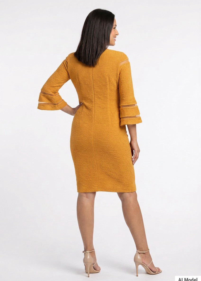 Mustard textured bodycon sheath dress with 3/4 bell sleeves featuring sheer stripe cutouts, worn by a dark-haired woman,