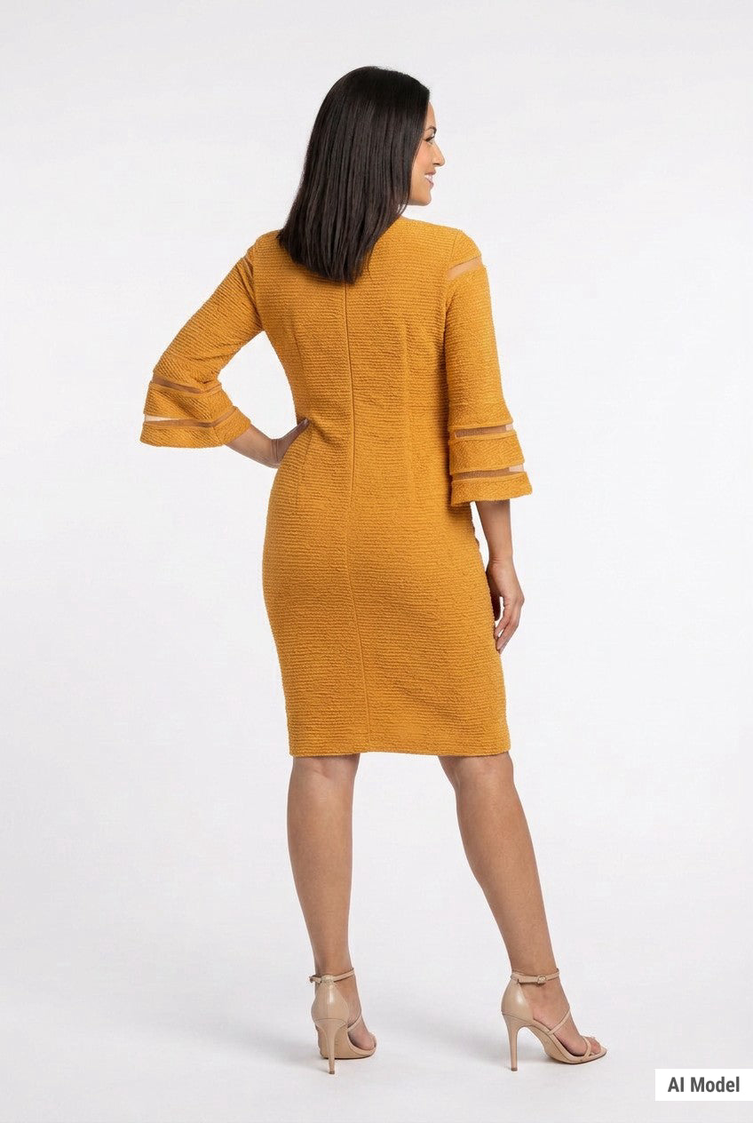 Mustard textured bodycon sheath dress with 3/4 bell sleeves featuring sheer stripe cutouts, worn by a dark-haired woman,