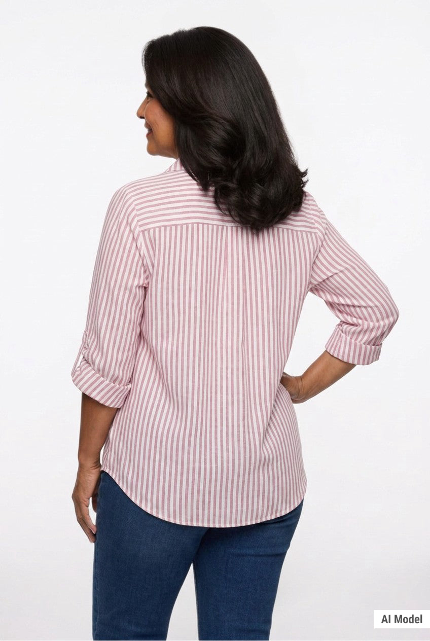 Back view of a woman wearing a pink and white vertical-stripe roll-tab 3/4-sleeve blouse with back yoke, paired with dark