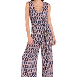 Printed Surplice Jumpsuit with Self Belt, Navy/Tan