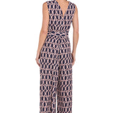 Printed Surplice Jumpsuit with Self Belt, Navy/Tan