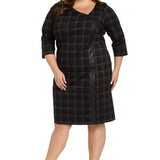 Printed Plaid Ponte Shift with Faux Leather Trim  - Plus